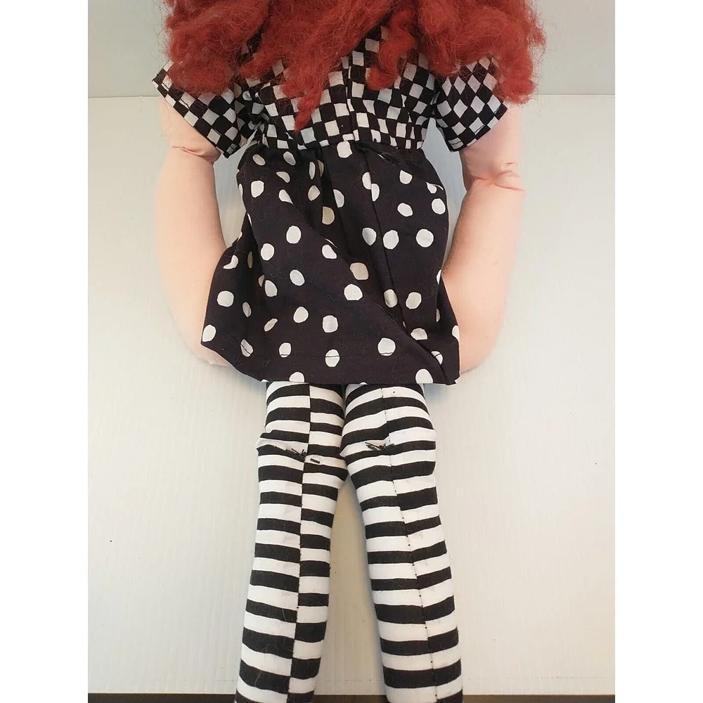 Vintage Handmade Madeline Cloth Doll Red Hair Yellow Hat Shoes Black White Dress